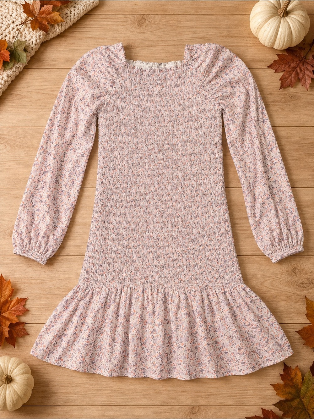 Girls Pink Floral Smocked Long Sleeve Dress